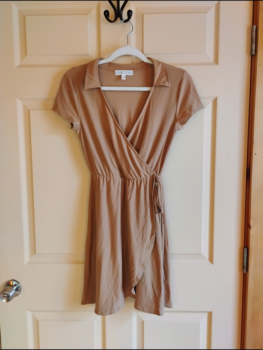 Planet Gold Taupe Faux-Wrap Short Sleeve Dress